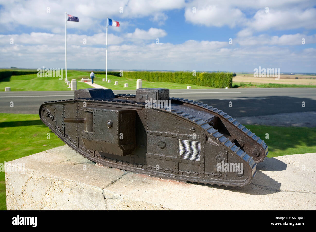 Heavy tank Mark IV on the WW1 Tank Corps Memorial at Pozieres on the Somme in France Stock Photo