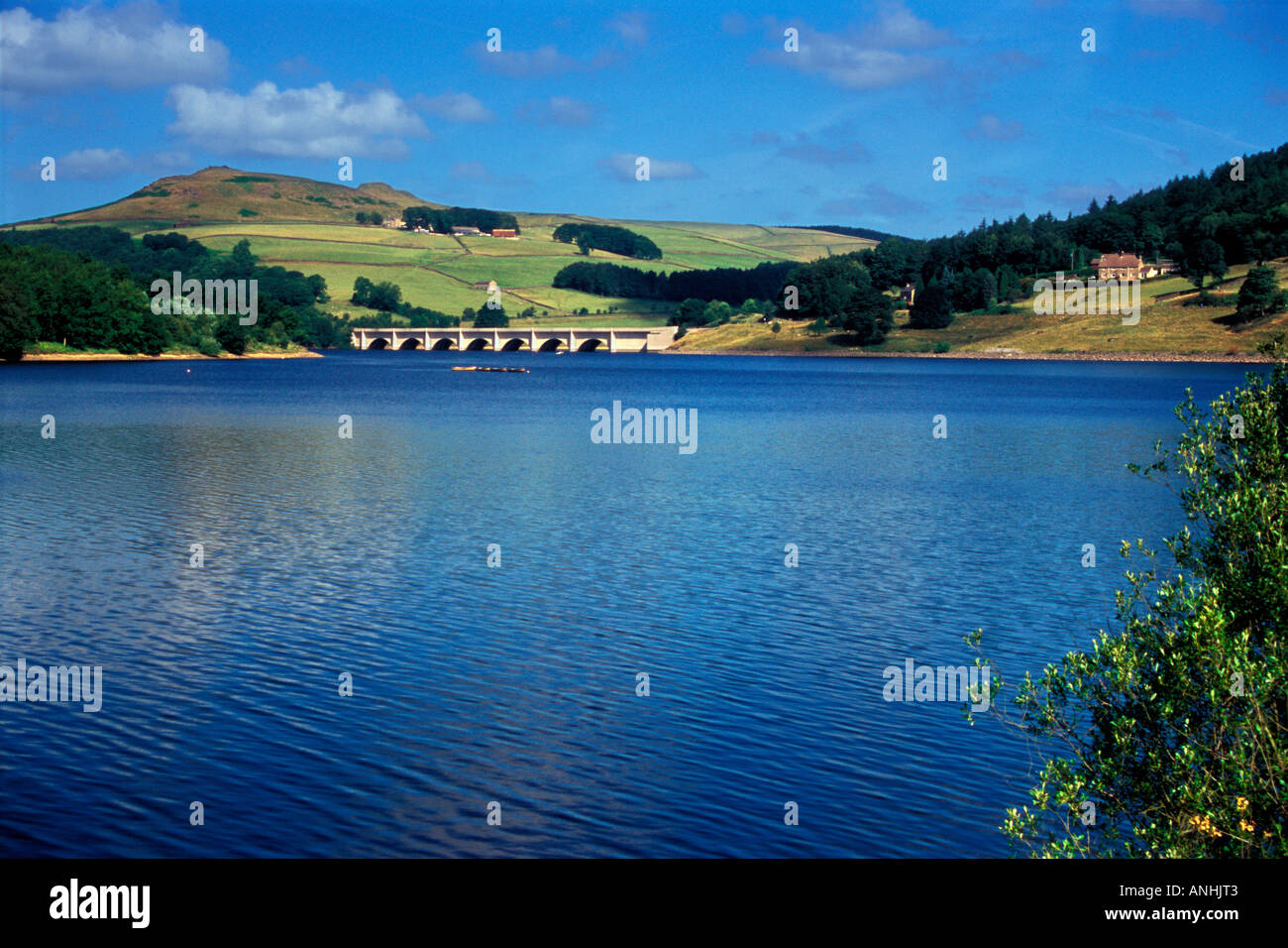 Ladybower Reservoir with Crook Hill and Ashopton viaduct in the distance, Derbyshire, Peak District National Park, England, UK. Stock Photo