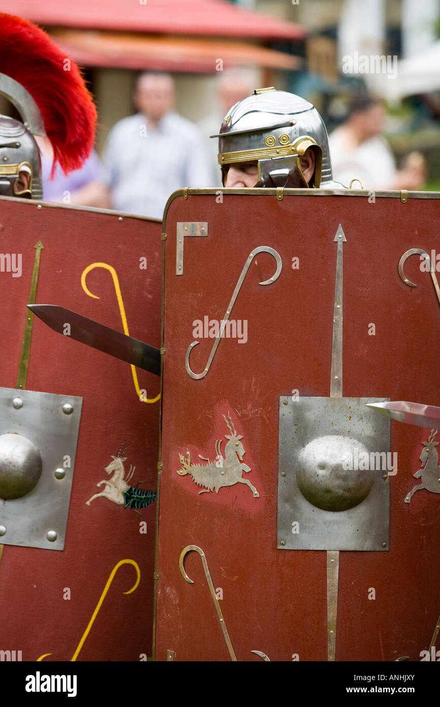 Roman soldier at a Roman army reenactment,  Chedworth Villa, Gloucestershire, UK Stock Photo