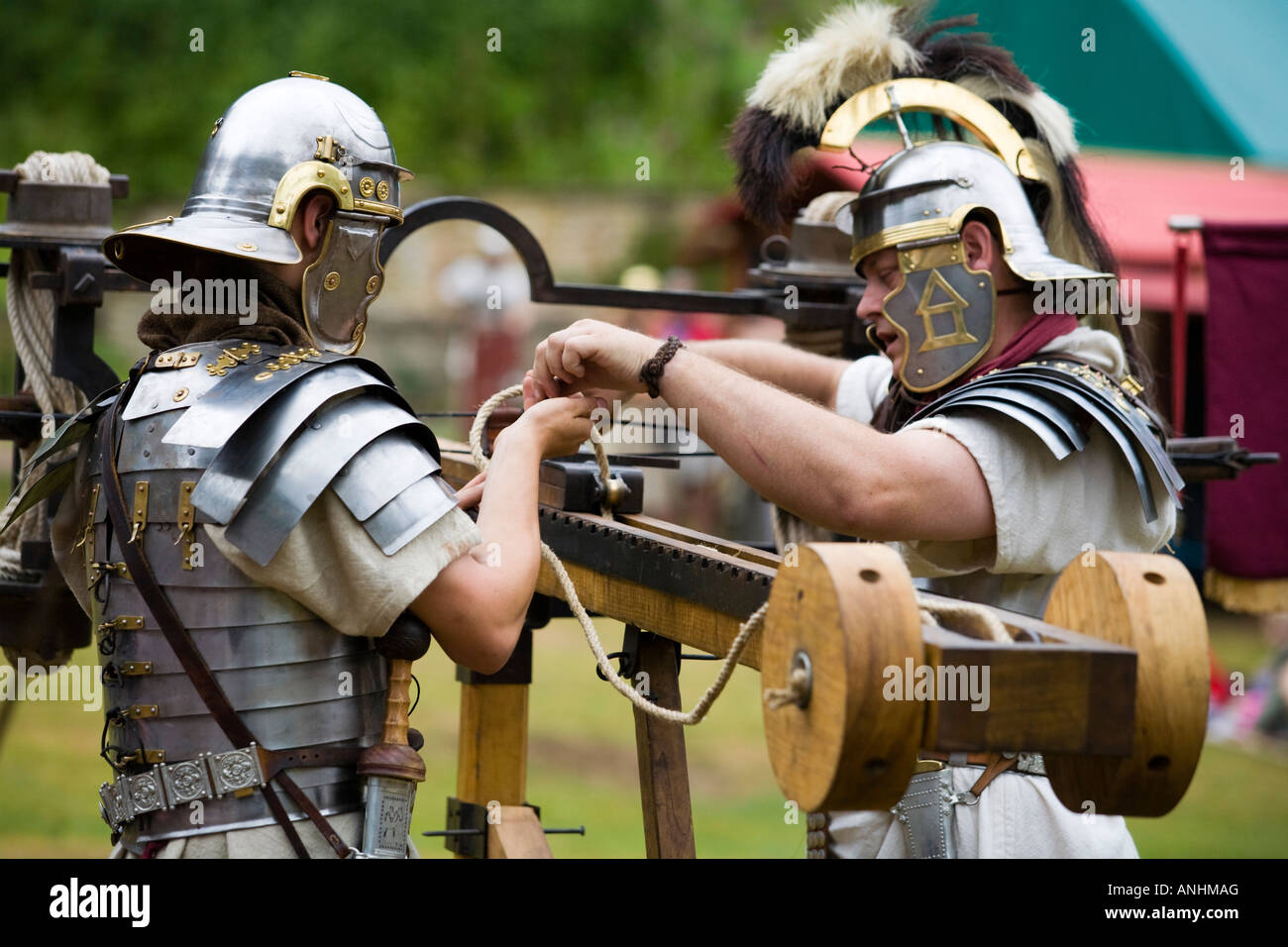 Actors demonstrate the use of the ballista at a Roman army reenactment,  Chedworth Villa, Gloucestershire, UK Stock Photo