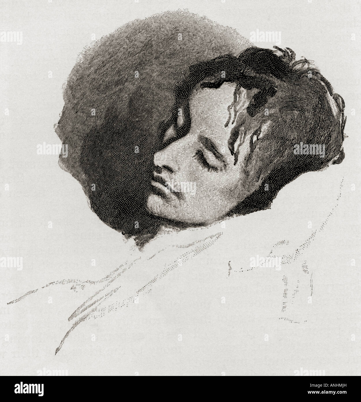 John Keats during his last illness.  John Keats, 1795 - 1821. English Romantic lyric poet.  Engraved after sketch by Joseph Severn. Stock Photo