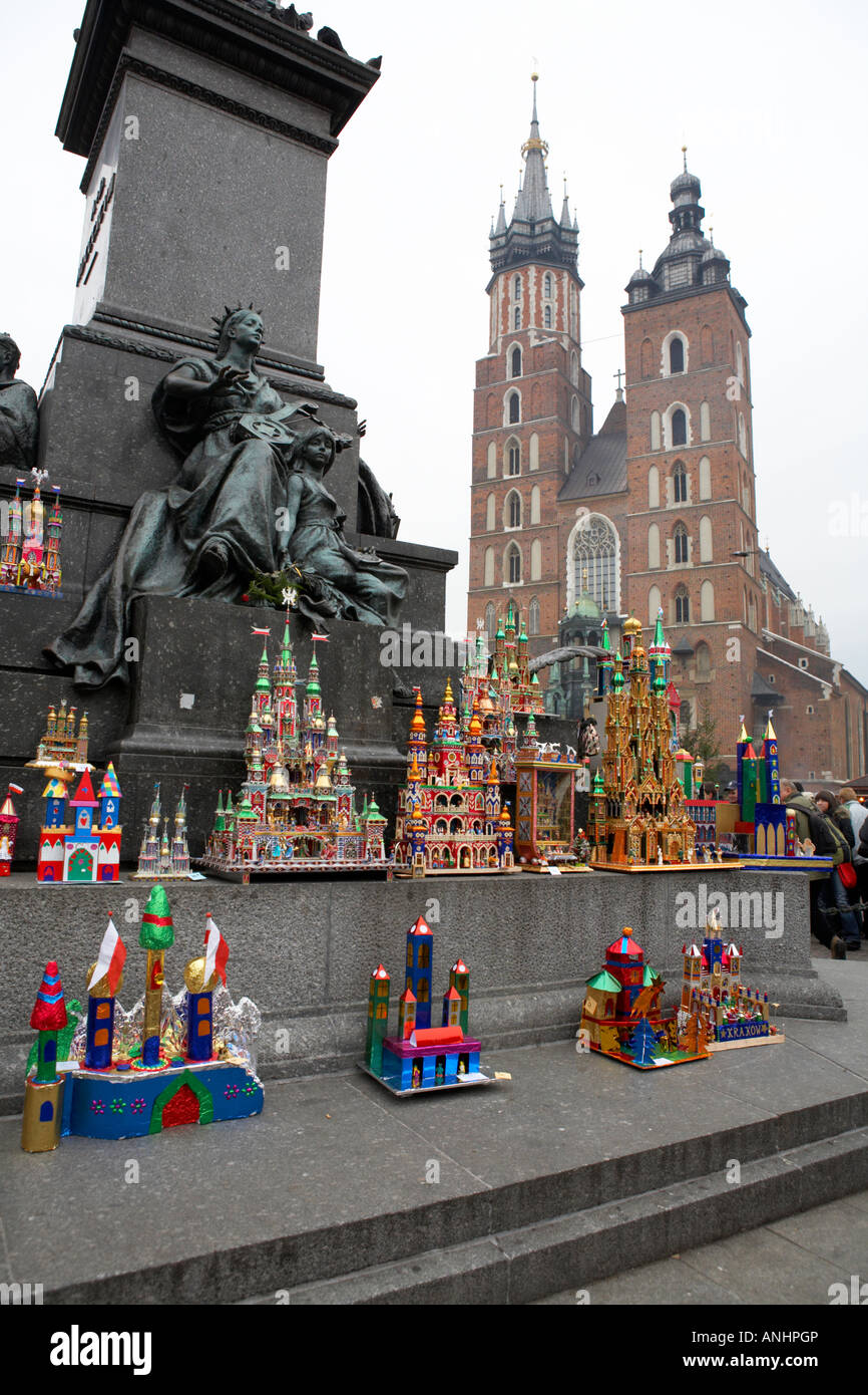 Poland Krakow Cracow Szopki Annual Crib making contest entries around Statue of Adam Mickiewicz
