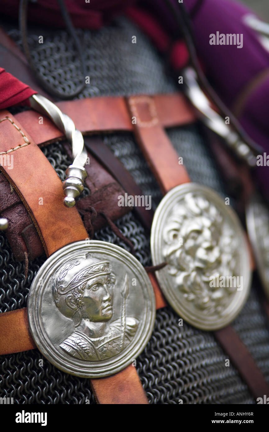 Close up of replica Centurions armour at a Roman army reenactment,  Chedworth Villa, Gloucestershire, UK Stock Photo