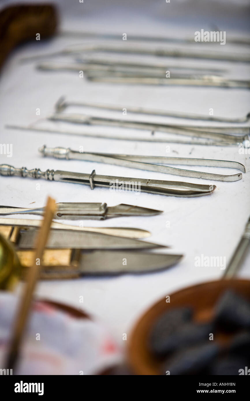 Replicas of a Roman surgeons medical instruments, Chedworth Villa, Gloucestershire, UK Stock Photo