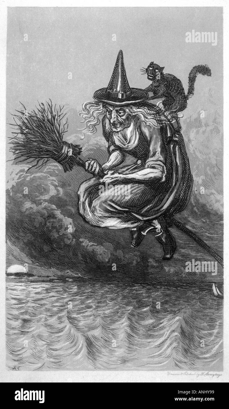 Witch Cat Broomstick Stock Photo