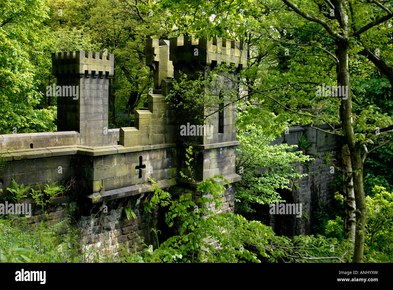 Castellated railway bridge, Turton Tower, Turton, Lancashire, England Stock Photo