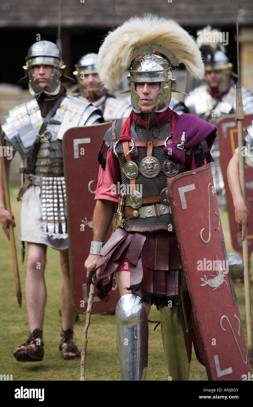 Roman reenactor dressed as a Centurion shouting orders at a Roman army reenactment,  Chedworth Villa Stock Photo