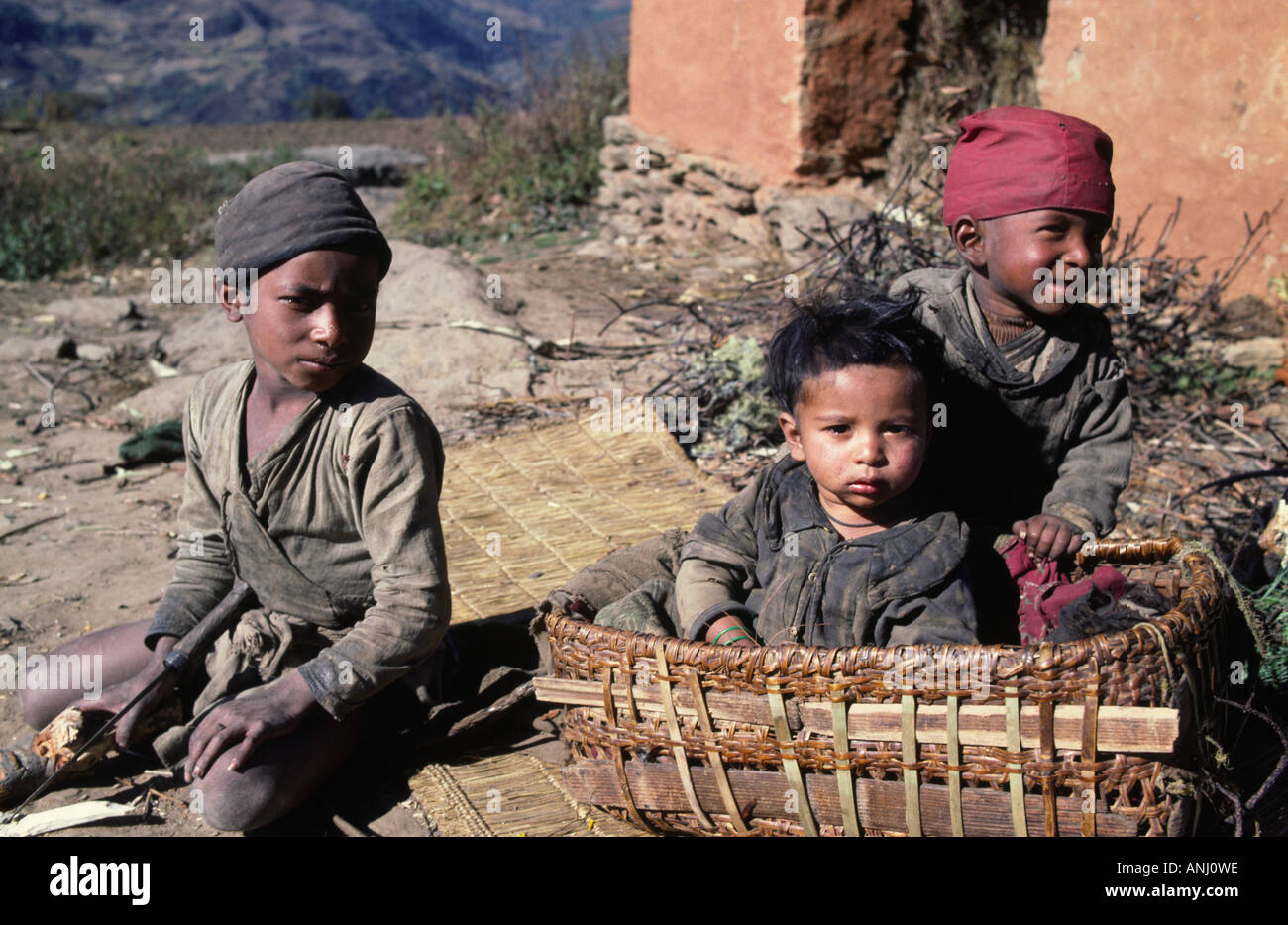 Poor Rural Boy Portrait of three rural boys living in the mountainous Solukhumbu ...