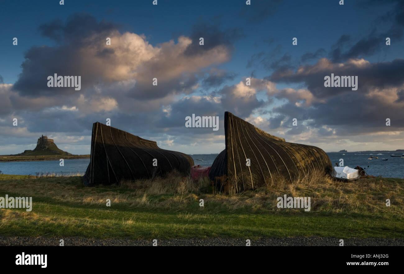 Upturned herring boats used as fishermens huts on Lindisfarne (Holy