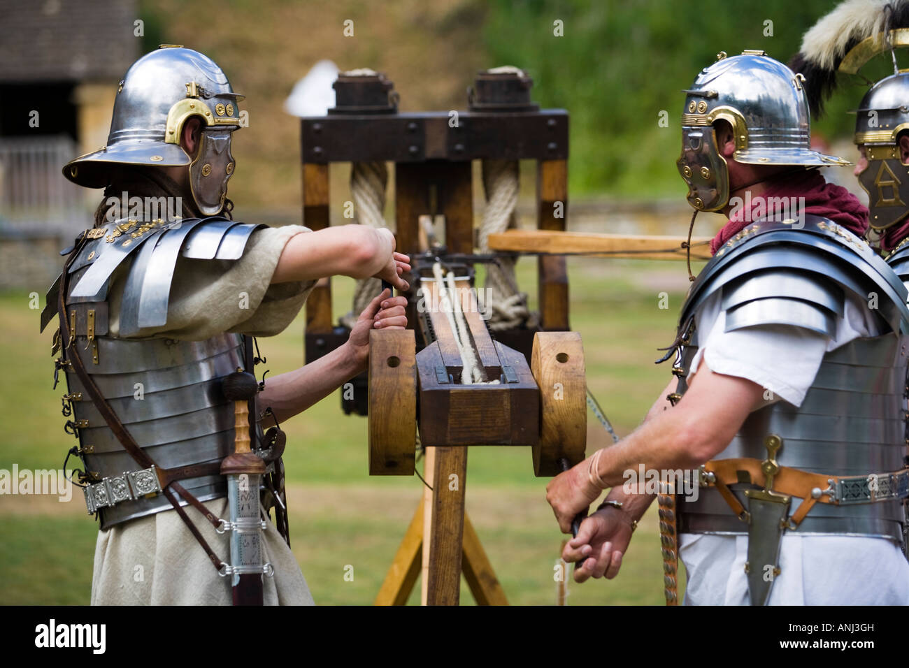 Actors demonstrate the use of the ballista at a Roman army reenactment,  Chedworth Villa, Gloucestershire, UK Stock Photo