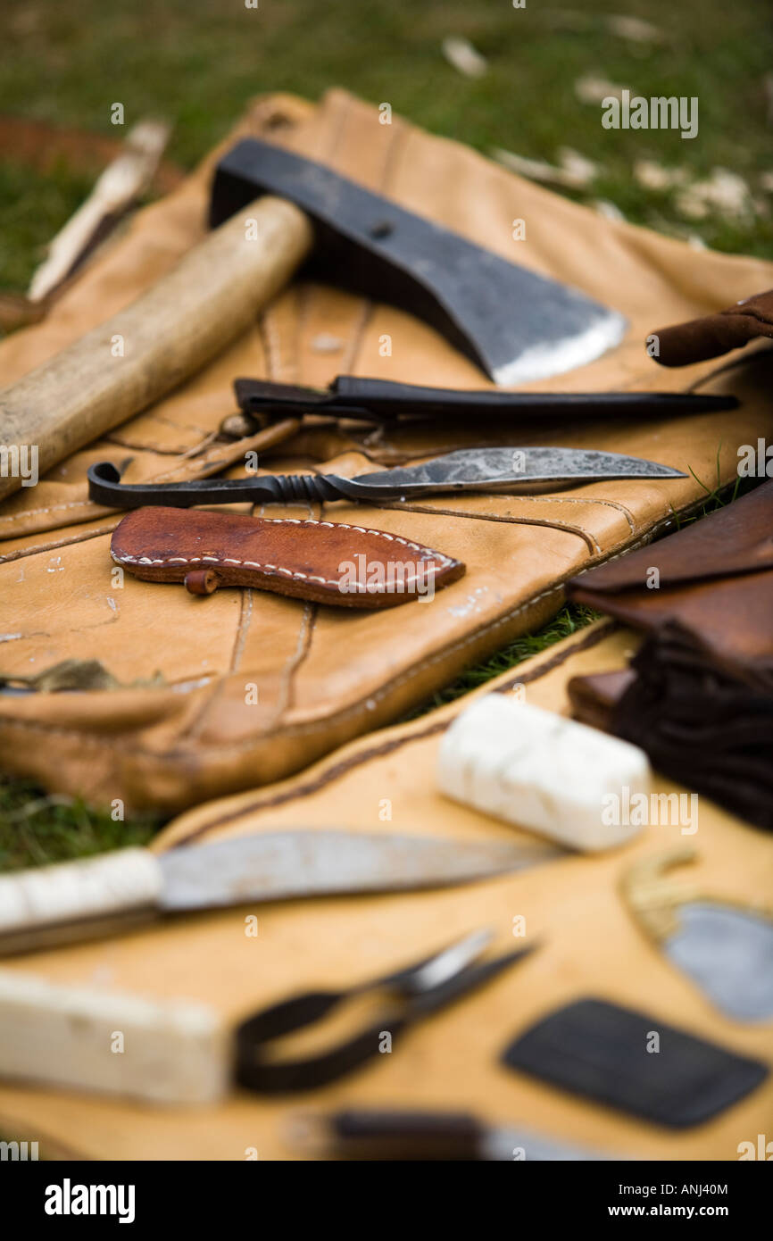 Replicas of a Roman soldiers tools at an historical reenactment, Chedworth Villa, Gloucestershire, UK Stock Photo