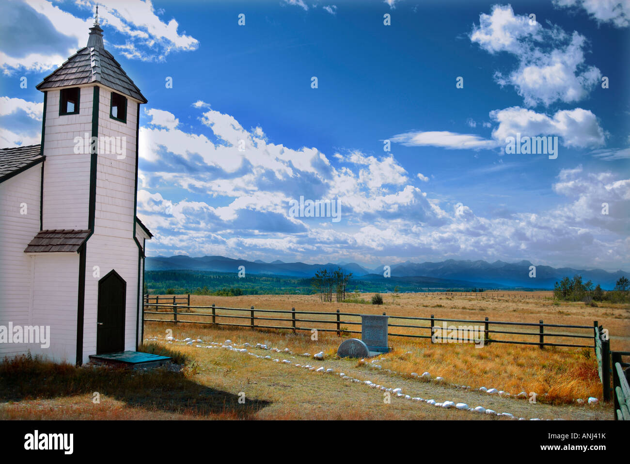 The wooden construction of an early settlement church in the Alberta foothills on the east side of the rockies Stock Photo