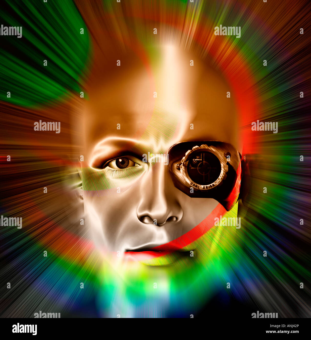 conceptual futuristic 3D computer generated bionic male robot head ...