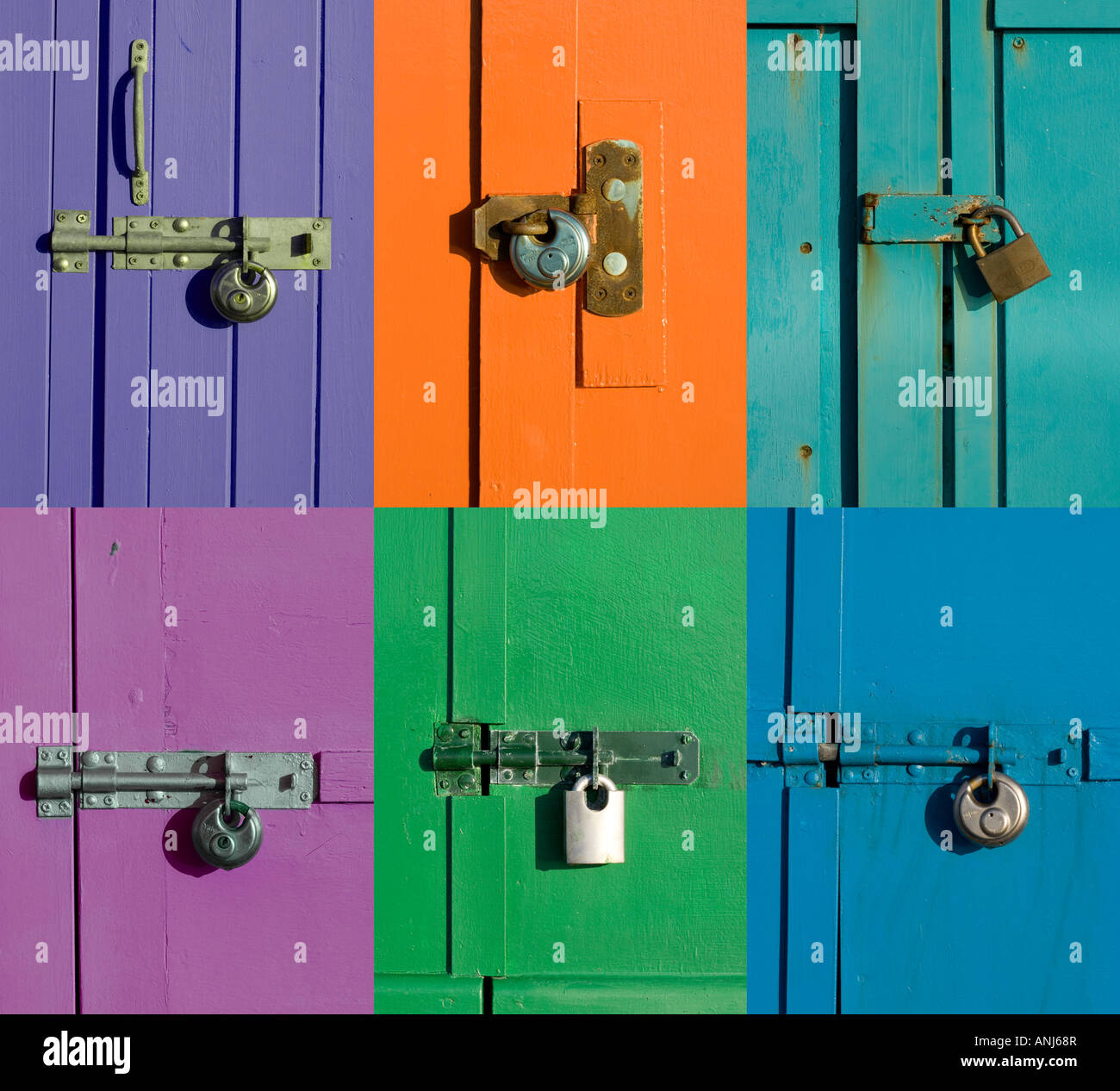 Bolts and locks on colourful doors Stock Photo