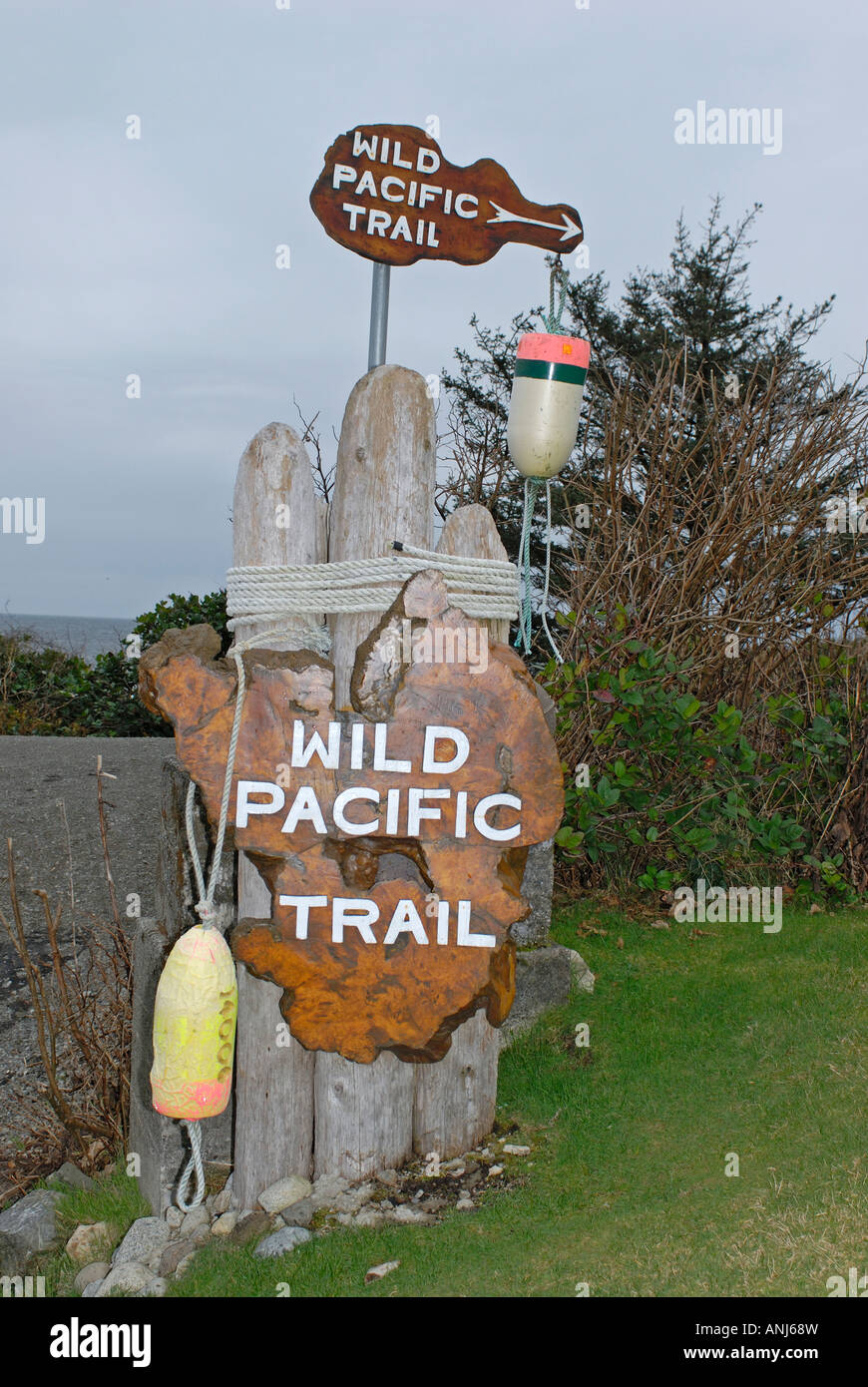 Wild Pacific Trail sign at Amphitrite Lighthouse Ucluelet Vancouver Island BC Canada Stock Photo