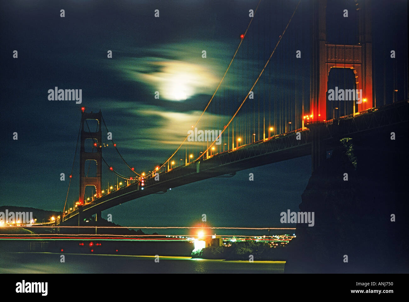 Lime Point Lighthouse under Golden Gate Bridge and cloudy night with full moon Stock Photo