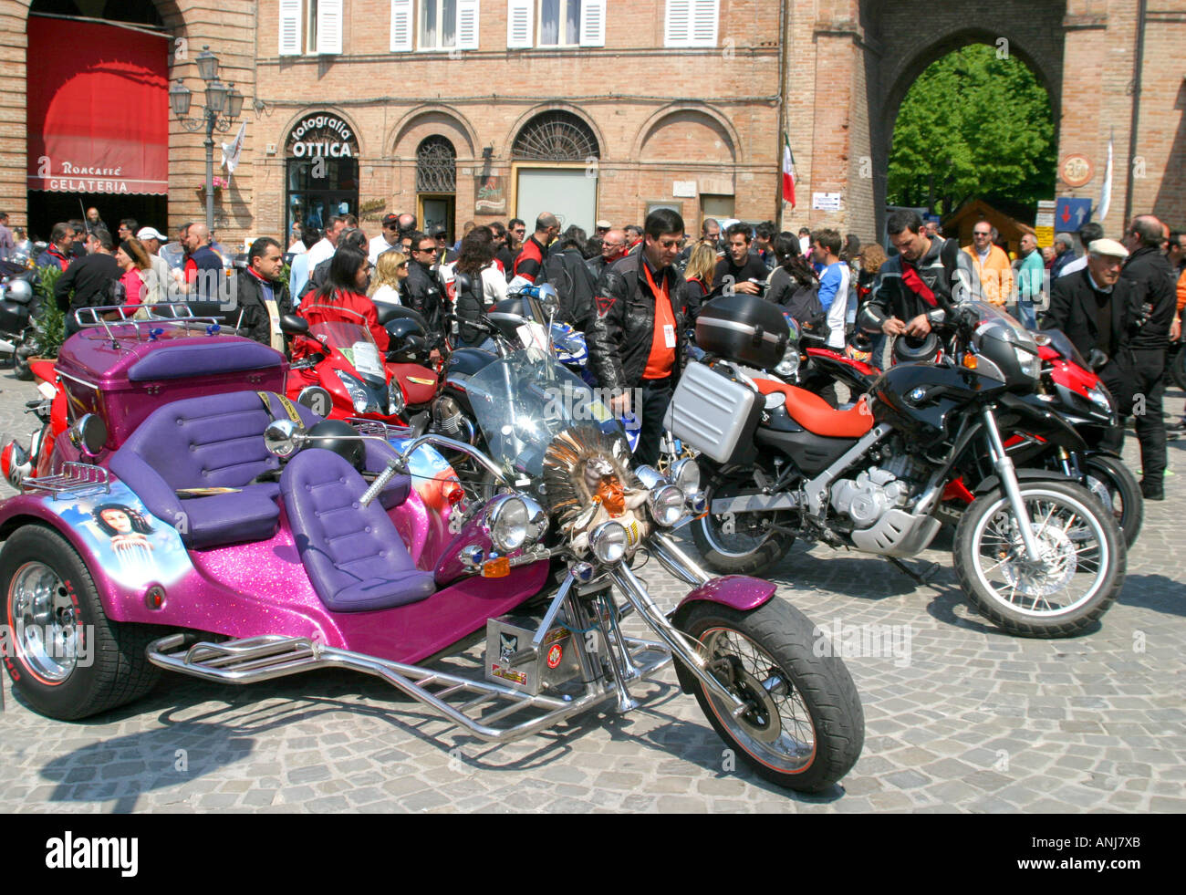 Annual motorbike rally in the charming small hilltop town of Amandola in Le Marche,the Marches, Italy Stock Photo