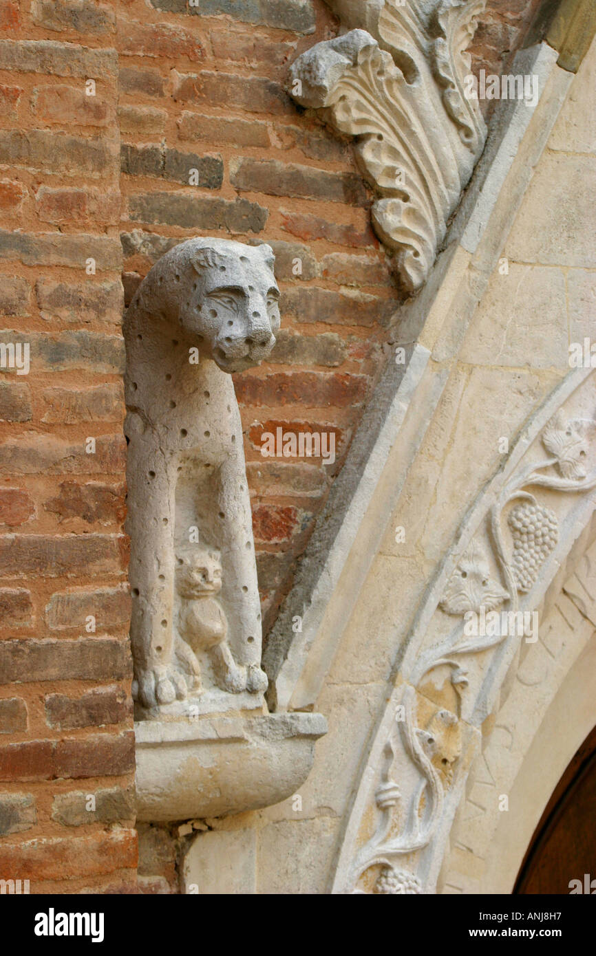 charming  carving of leopard and cub on the portal  of the church of St Agostino (15th century)  in Amandola, le Marche,Italy Stock Photo