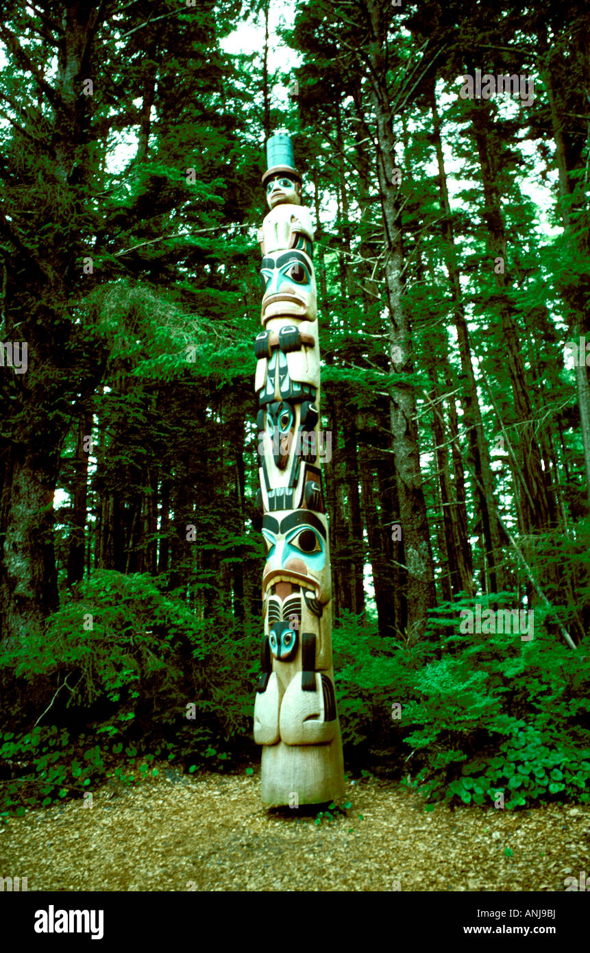 AK Alaska Sitka National Historic Park totem pole in rain forest ...