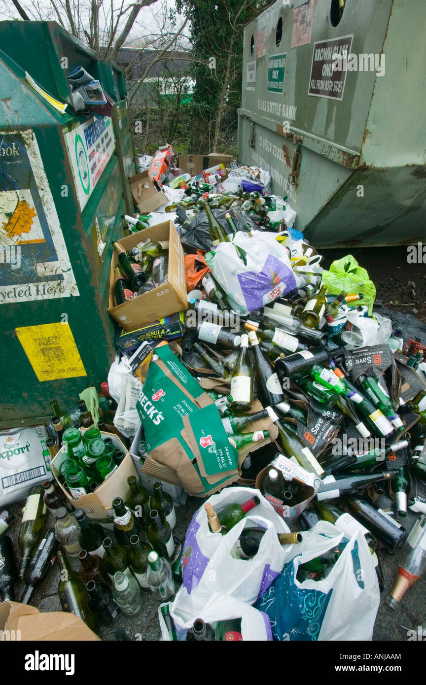 A full bottle bank overflowing with bottles to be recycled Ambleside UK