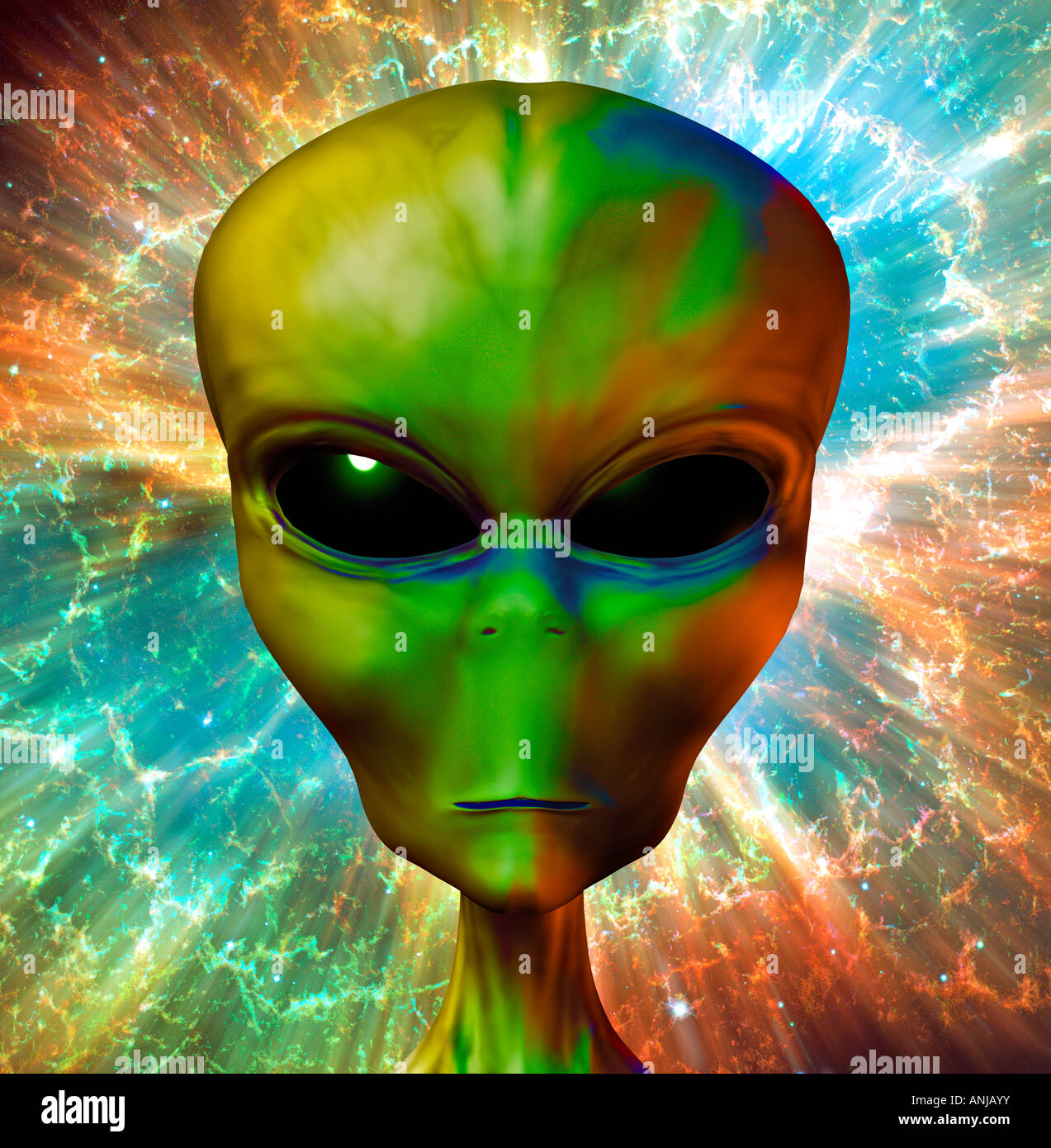 futuristic 3D computer generated bionic male alien head on background of digital NASA view outer space Stock Photo