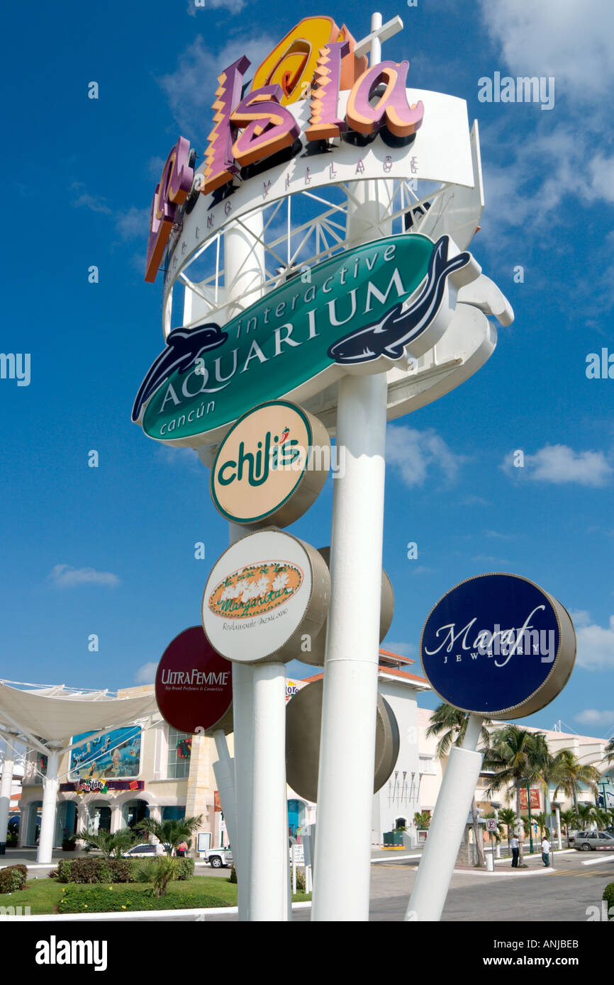 Entrance sign to La Isla Shopping Village, Cancun, Yucatan Peninsula, Mexico Stock Photo