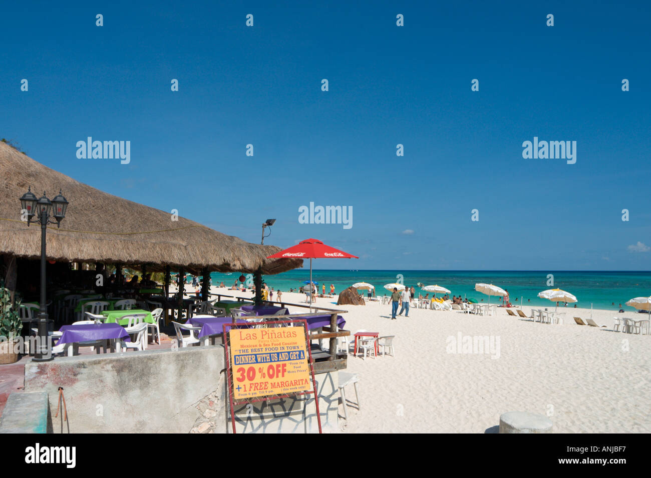 Beach and restaurant in the resort centre, Playa del Carmen, Riviera Maya, Yucatan Peninsula, Mexico Stock Photo