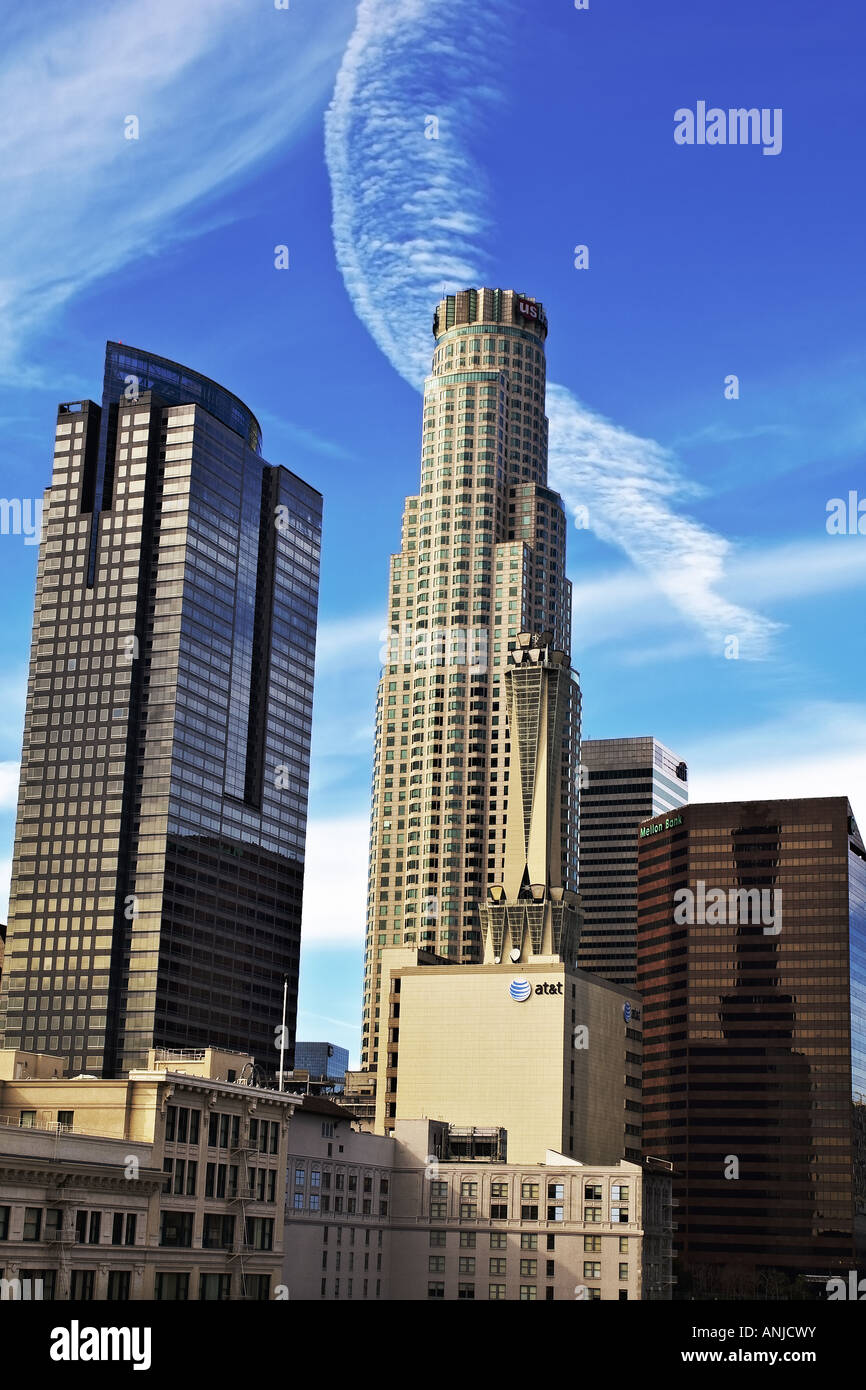 Los Angeles skyline from 10 stories above Broadway, including the US