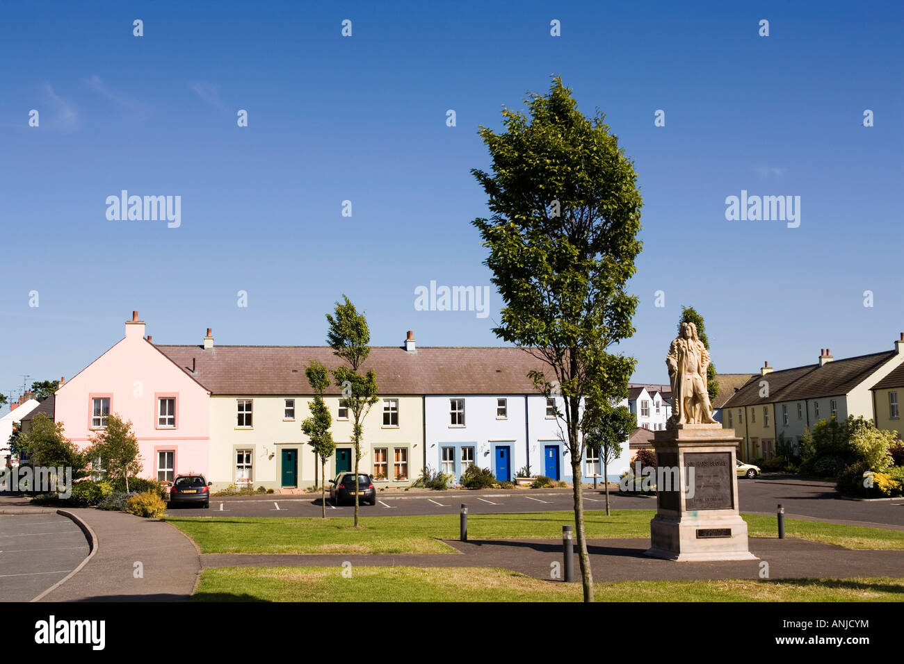 UK Northern Ireland County Down Killyleagh Sloane Square housing development statue of Sir Hans Sloane Stock Photo