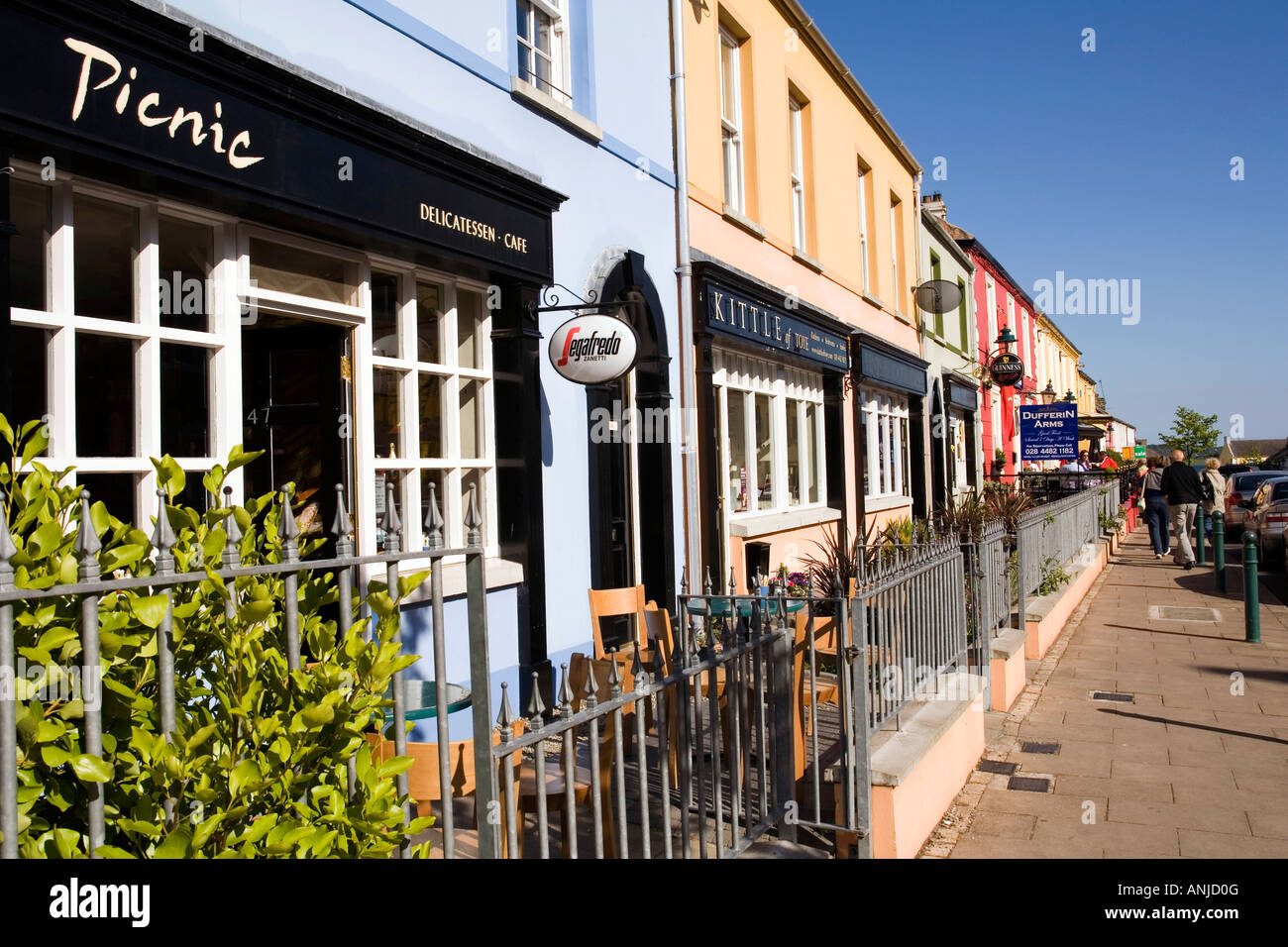 UK Northern Ireland County Down Killyleagh High Street newly restored properties picnic delicatessen cafe Stock Photo