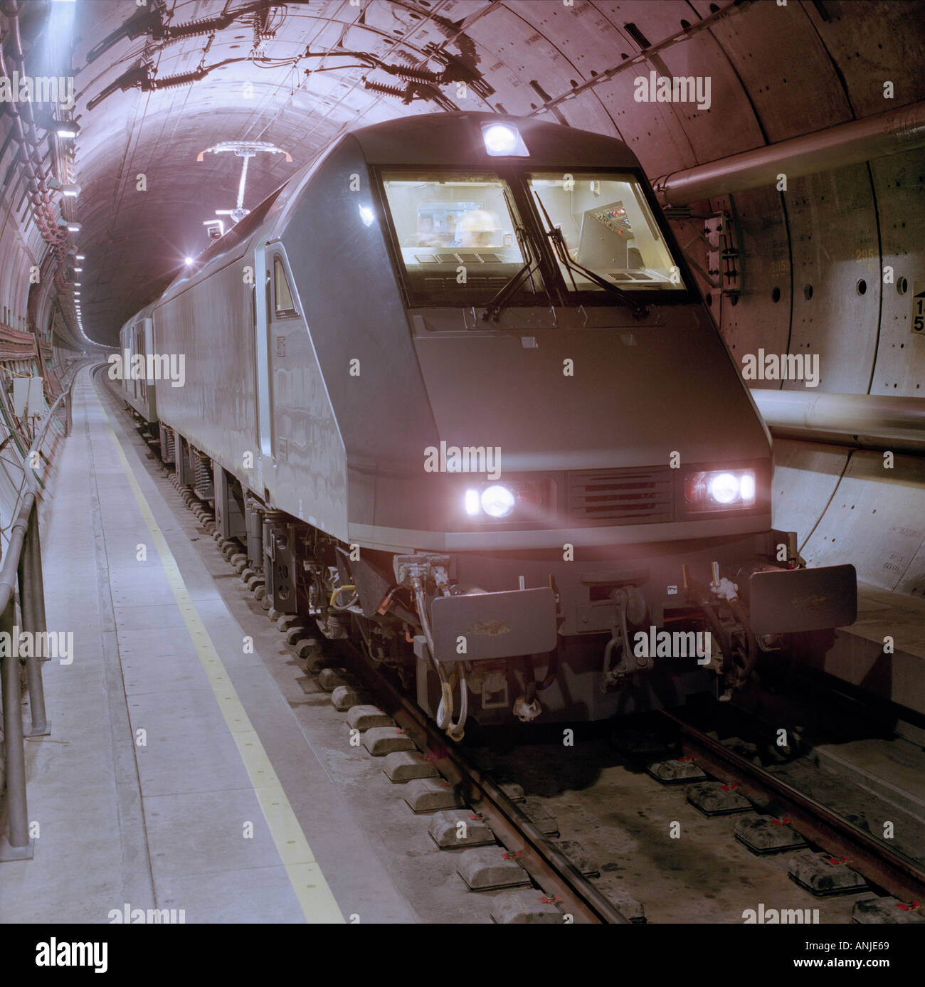 Eurotunnel Shuttle Train travelling in a Channel Tunnel rail tunnel