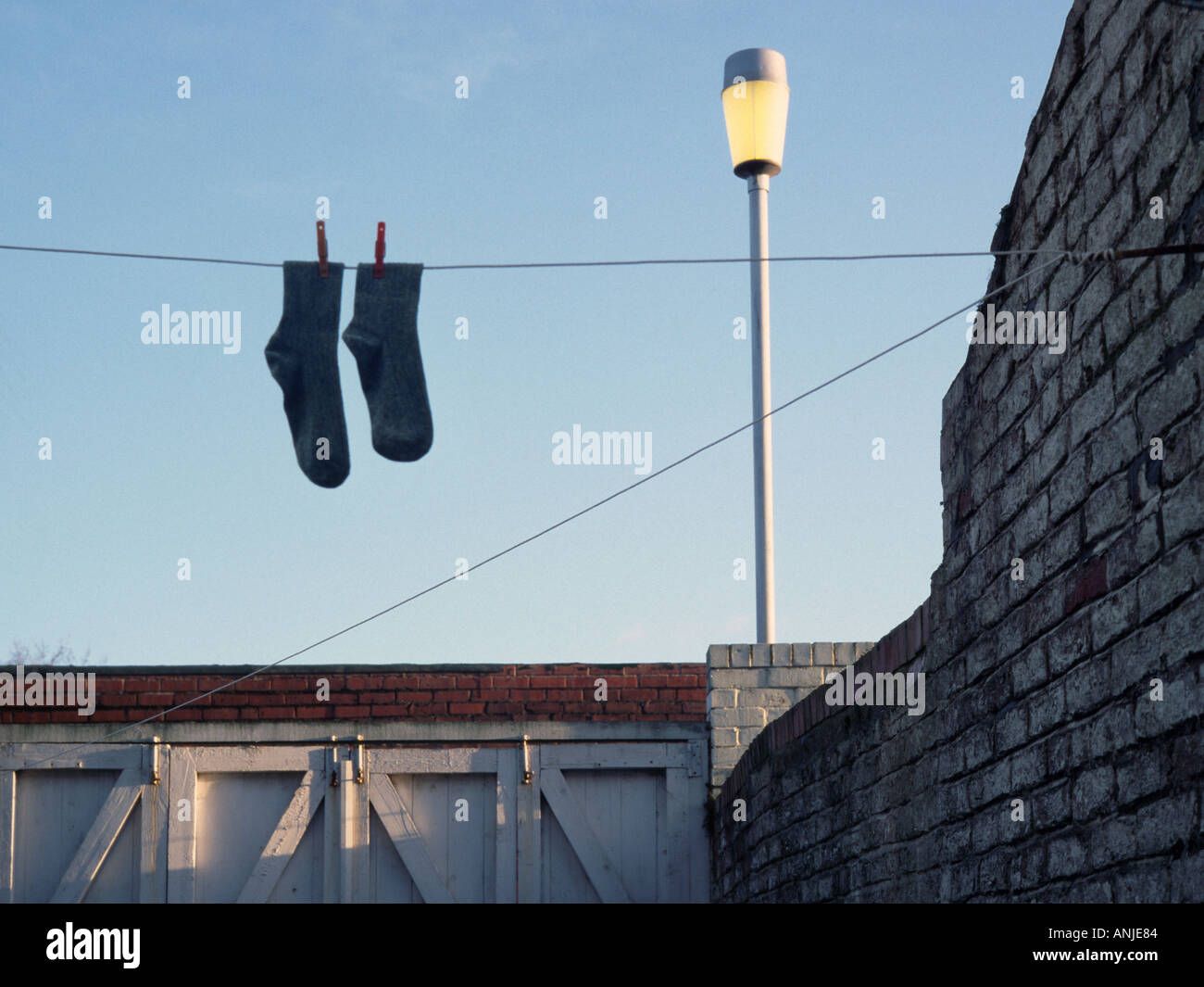 A pair of socks hanging out to dry North Shields Tyne and Wear UK Stock Photo