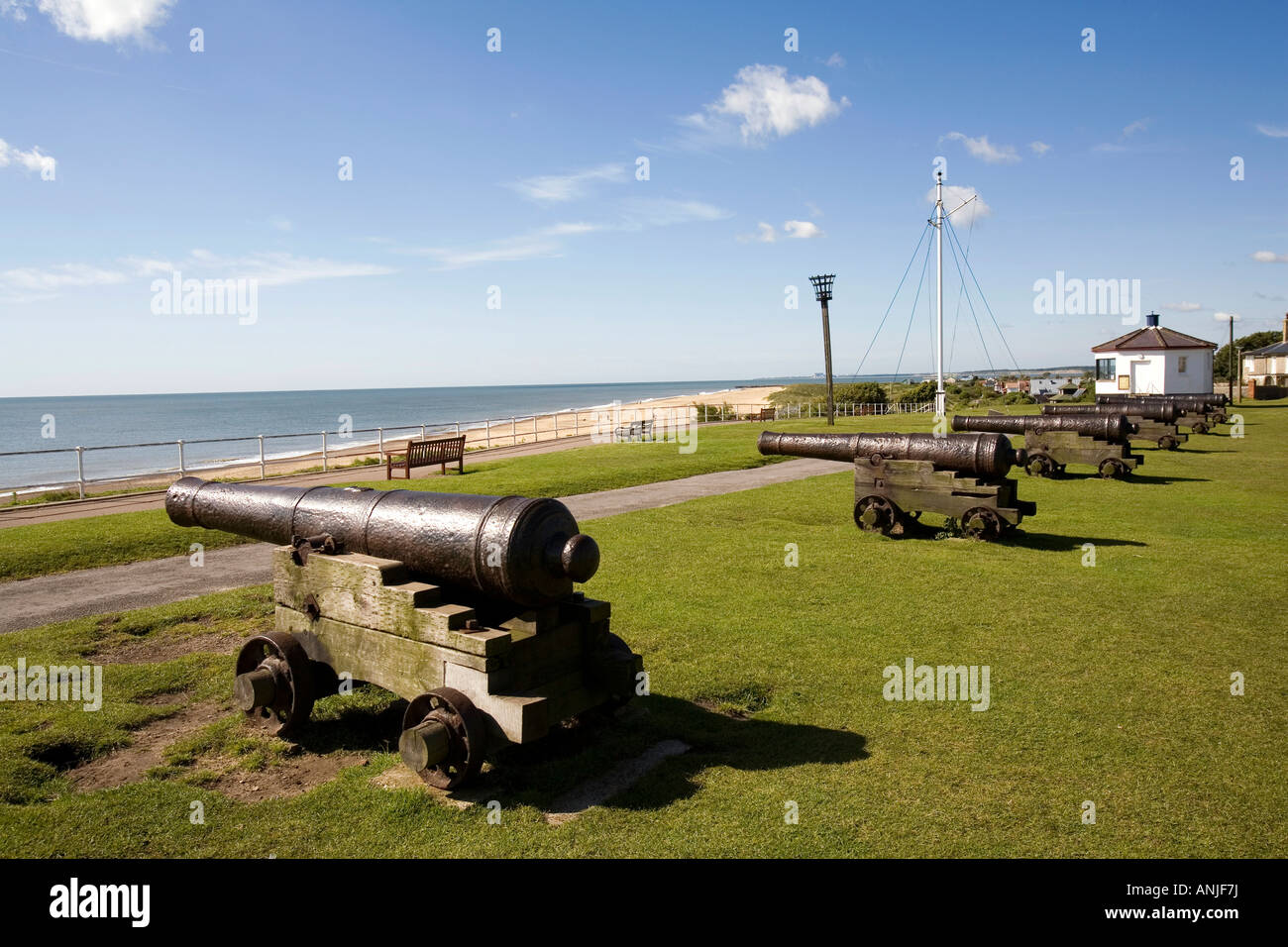 UK Suffolk Southwold Gun Hill Elizabethan cannon above the beach Stock