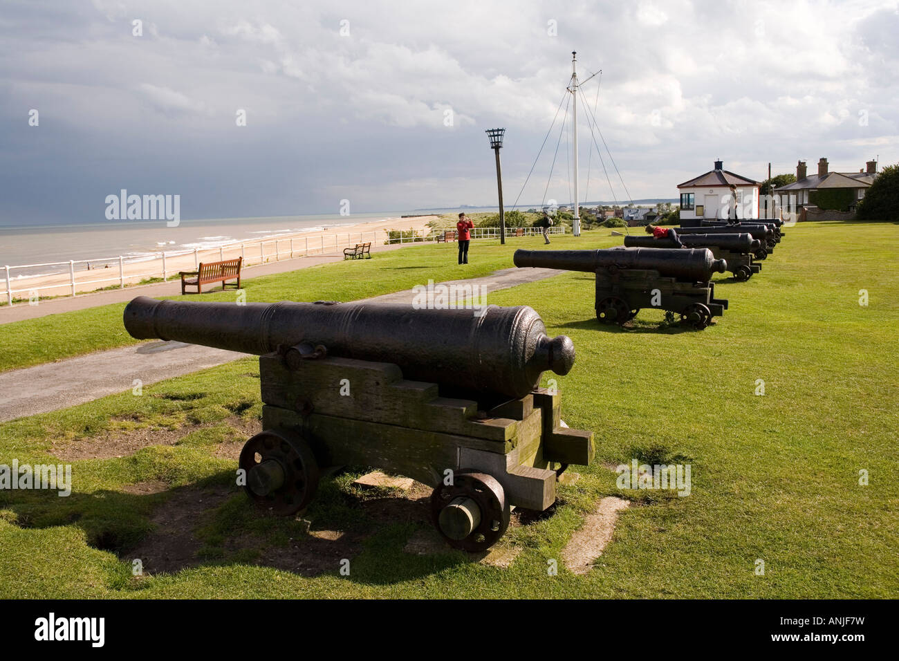 UK Suffolk Southwold Gun Hill Elizabethan cannon above the beach Stock
