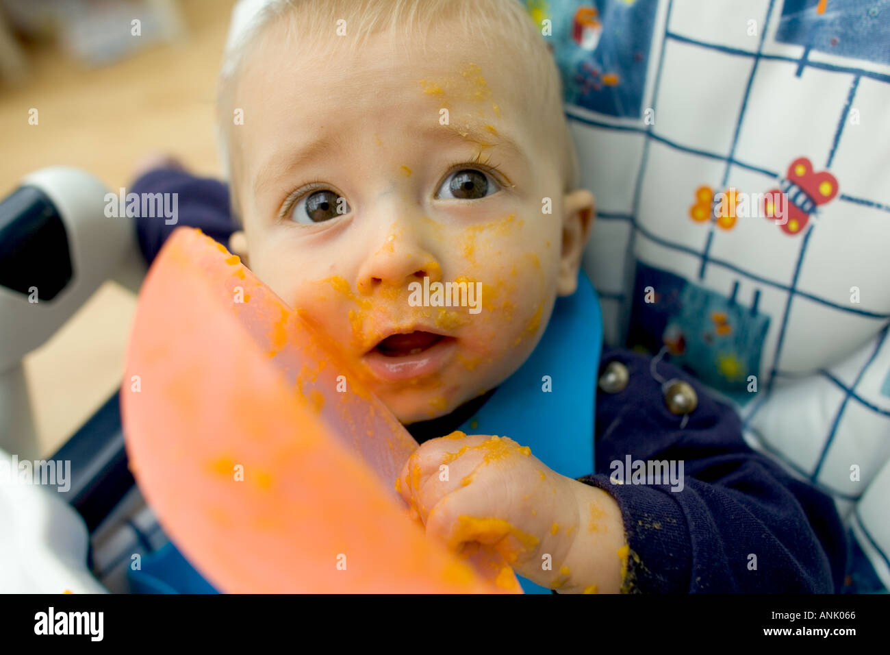 Eight month old baby boy at feeding time Stock Photo - Alamy