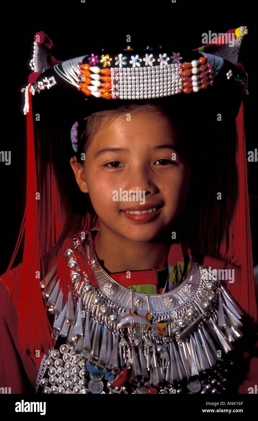 Lisu girl in traditional costume with silver ornaments Thailand Stock