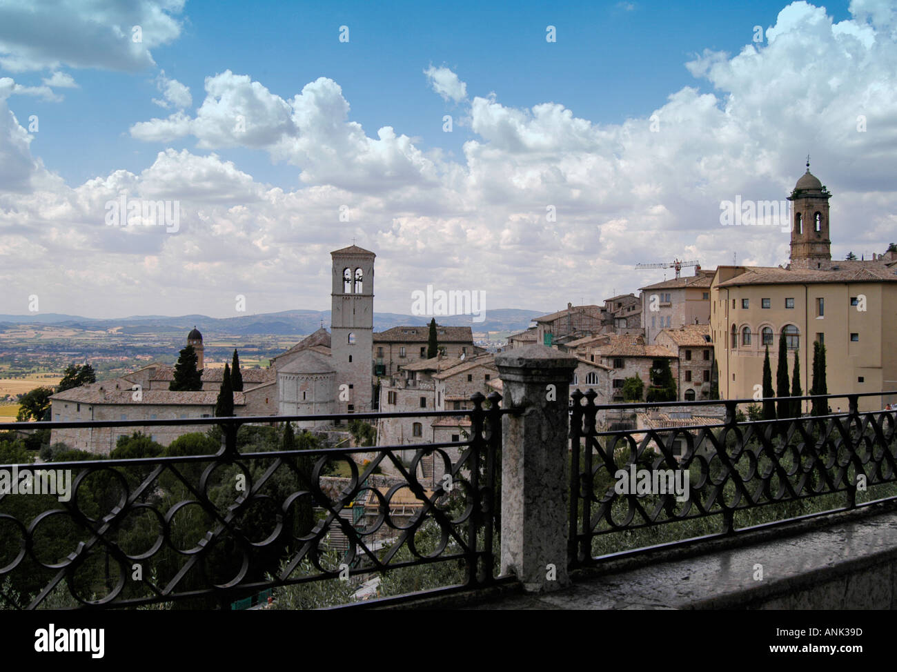 Summer panoramic view over Assisi Italy from Piazza Santa Chiara Stock Photo