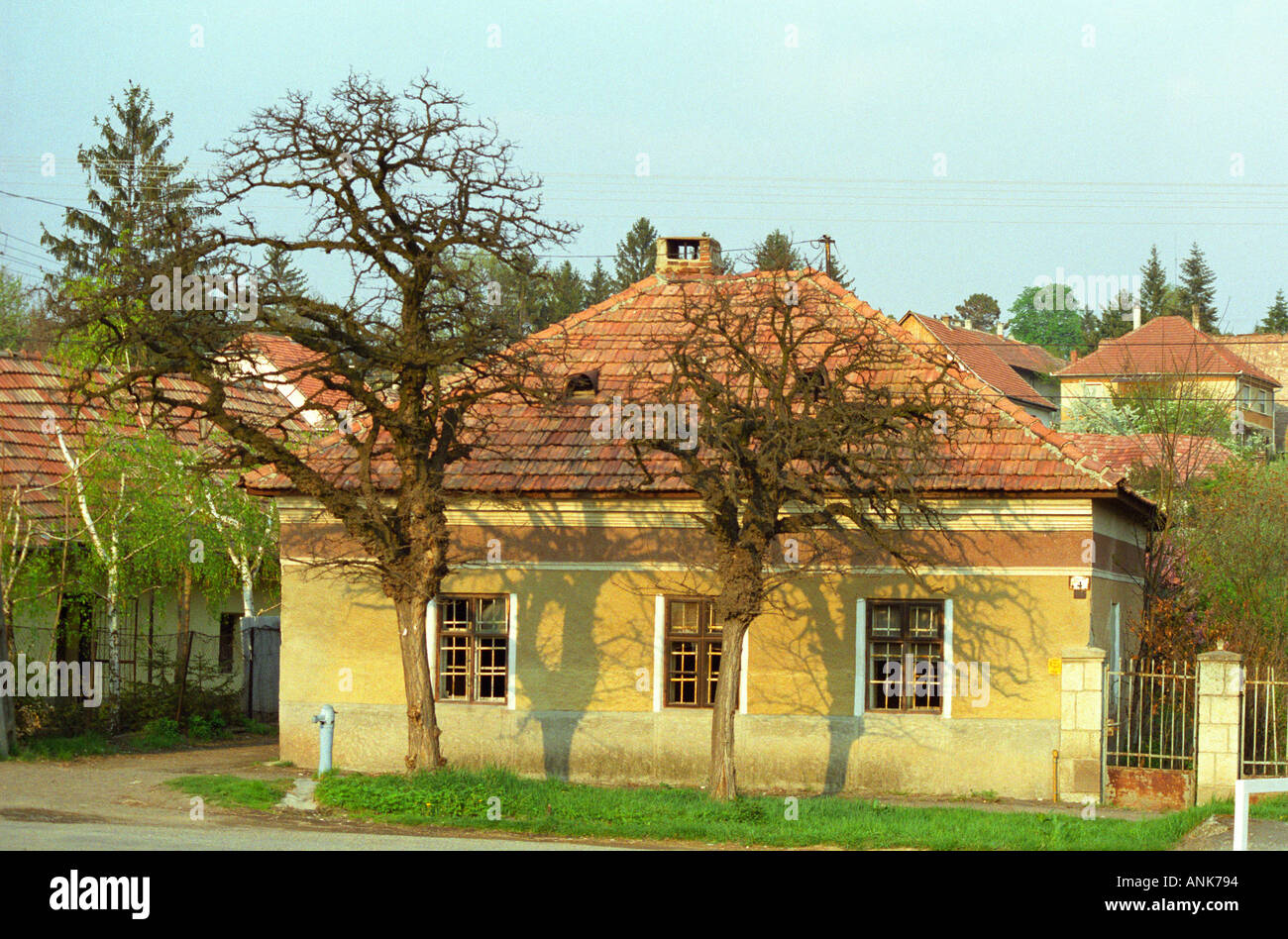 In the Tokaj village Mad: a typical Hungarian house in the also typical yellow colour. Stock Photo
