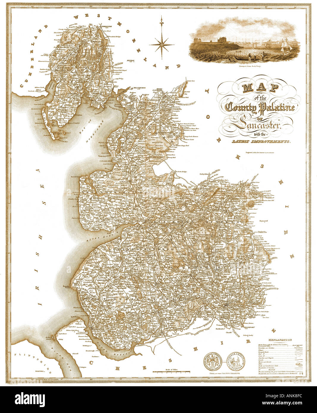 Lancashire antique map sepia Baines 1824 Stock Photo