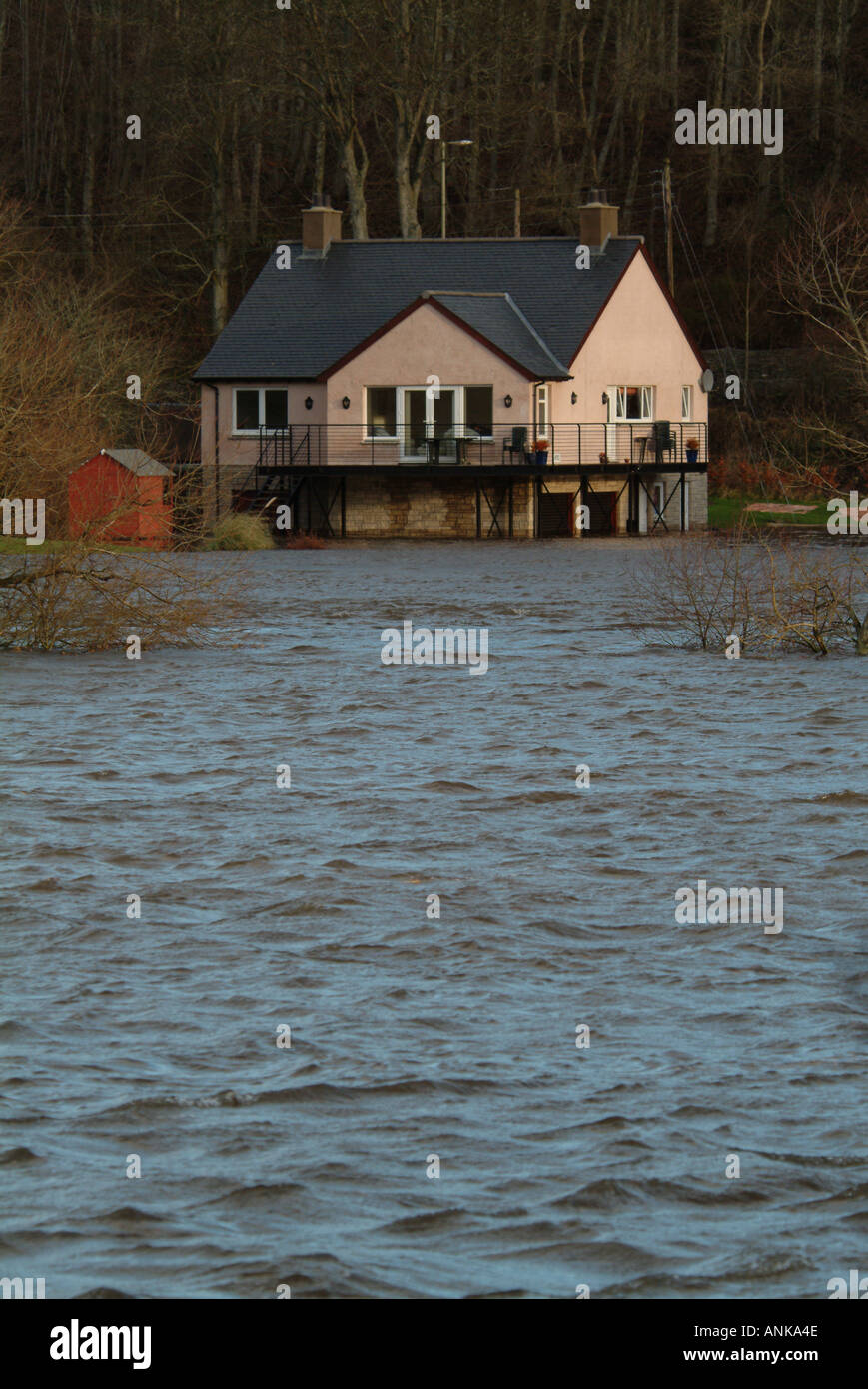 UK Scotland Perthshire Tay Valley near Aberfeldy River Tay flooding and house Stock Photo