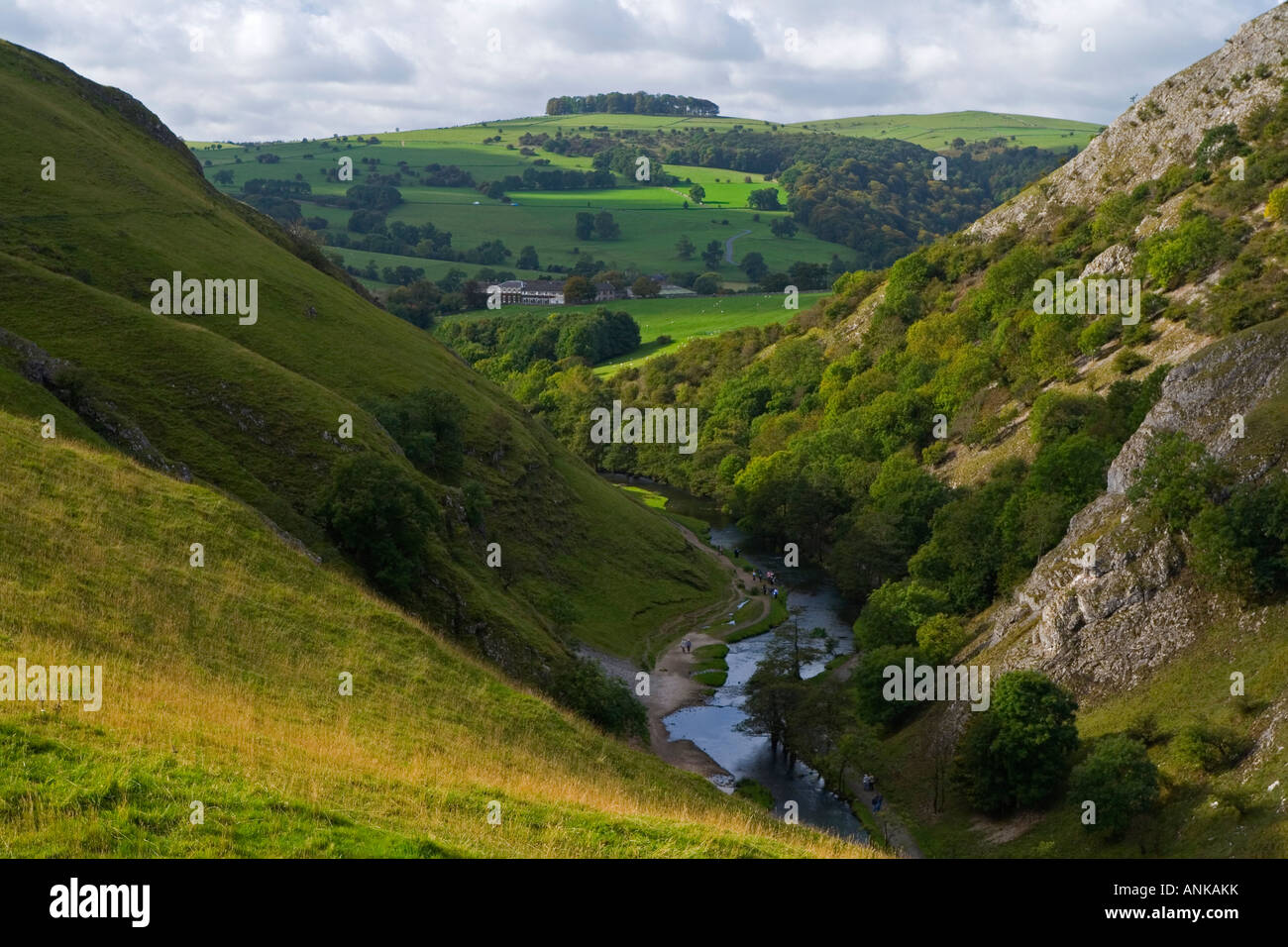 View of Dovedale from the slopes of Thorpe Cloud in the Peak District National Park England UK Stock Photo