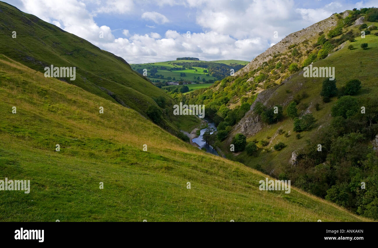 View of Dovedale from the slopes of Thorpe Cloud in the Peak District National Park England UK Stock Photo