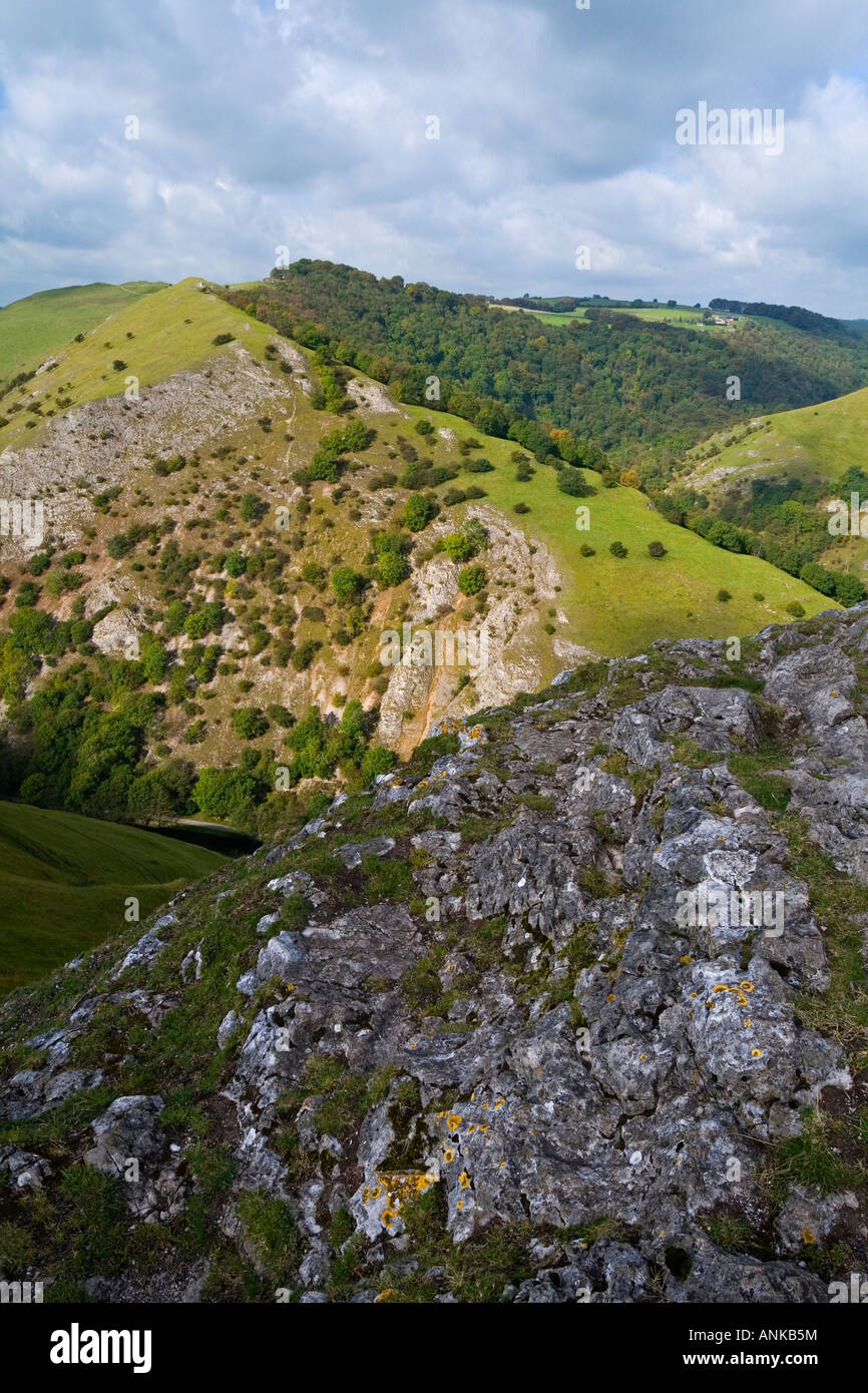 View from the summit of Thorpe Cloud towards Bunster Hill near Dovedale in the Peak District National Park Derbyshire England Stock Photo