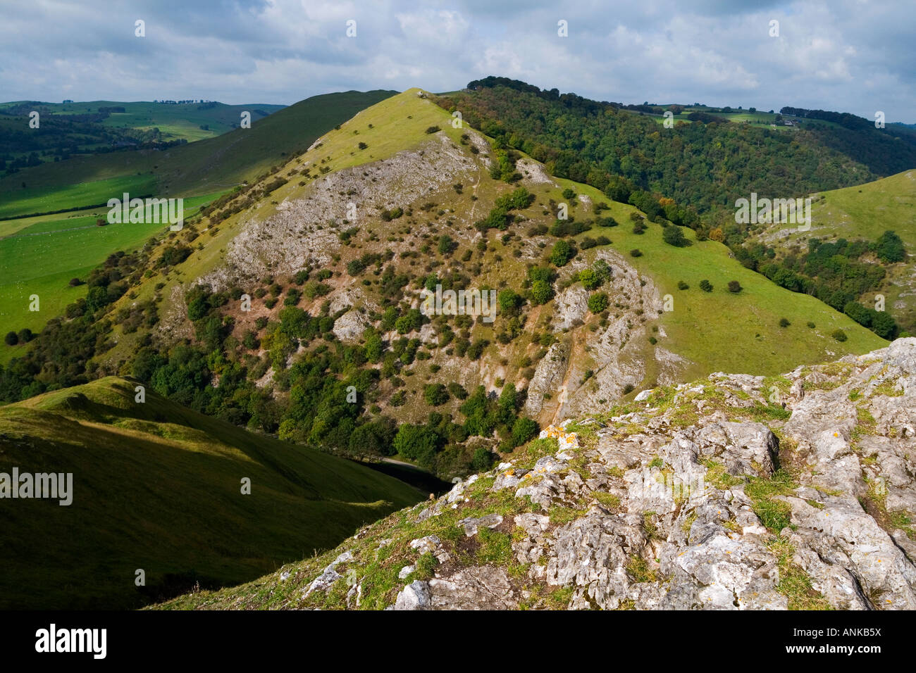 View from the summit of Thorpe Cloud towards Bunster Hill near Dovedale in the Peak District National Park Derbyshire England Stock Photo