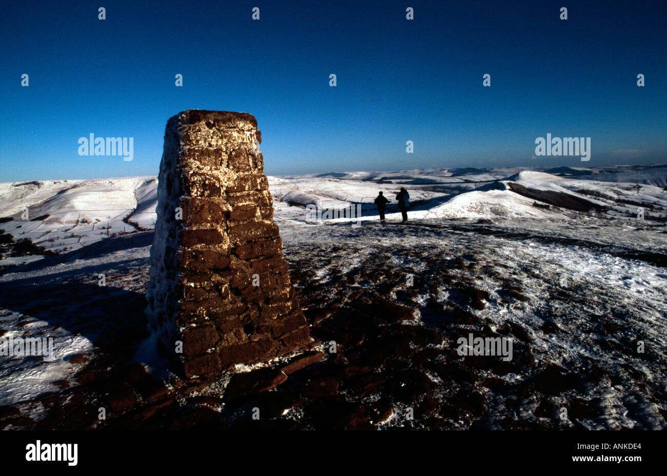 PICTURE CREDIT Doug Blane Snow on Mam Tor trig point ridge Peak District National Park Derbyshire Stock Photo