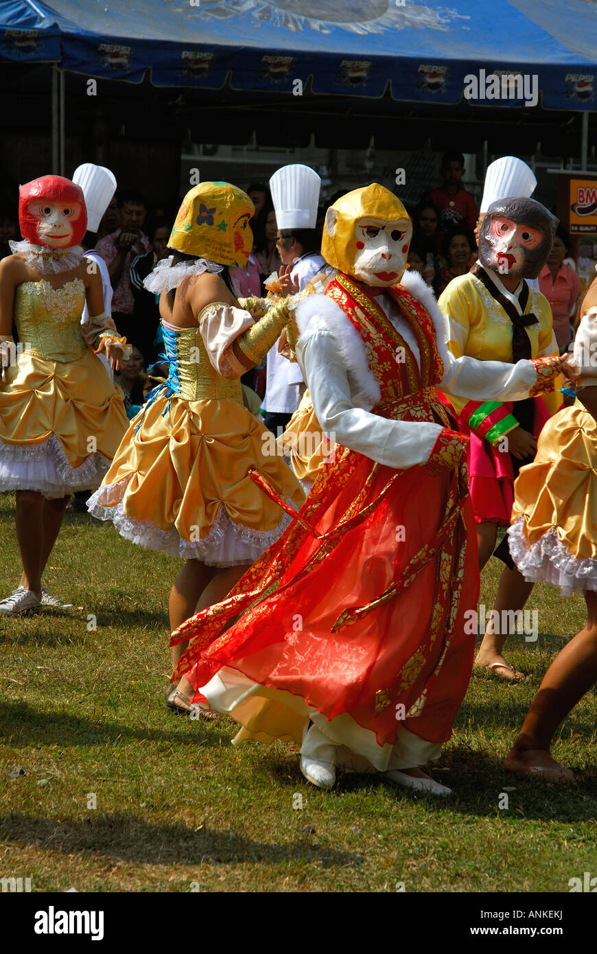 Dancers performin monkey dance at monkey banquet in Lopburi Thailand