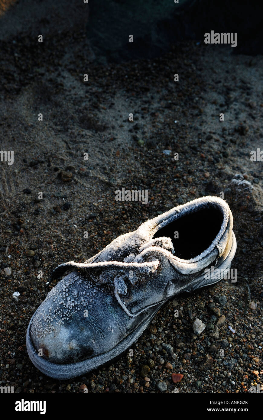 Shoe with frost on it, high angle view Stock Photo