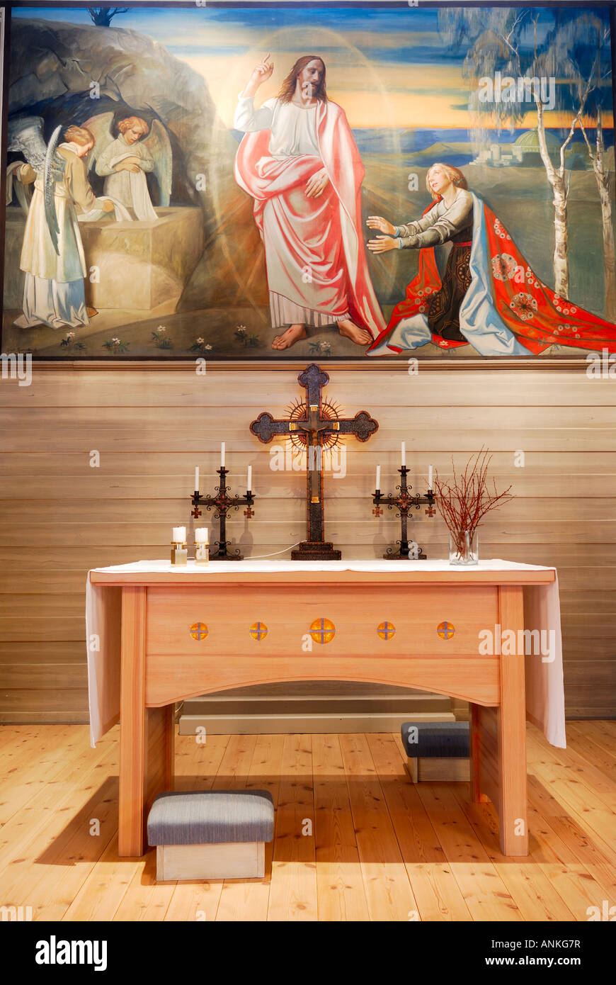 Interior of church altar and mural of Jesus Stock Photo