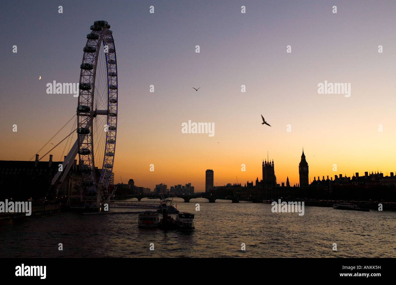 London, England. London Eye, Britain's Houses of Parliament and the River Thames at sunset Stock Photo