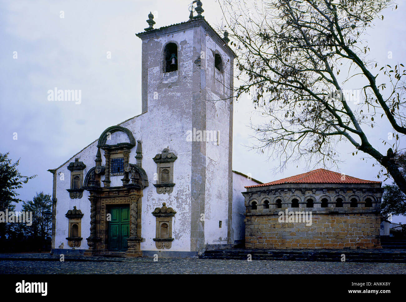 Bragança.Church of Sao Vicente and Domus Municipalis. Stock Photo